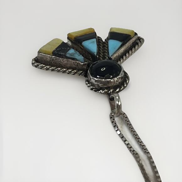 Vintage Navajo Sterling Silver Turquoise Onyx & Coral Pendant Necklace - 19” - Picture 6 of 16